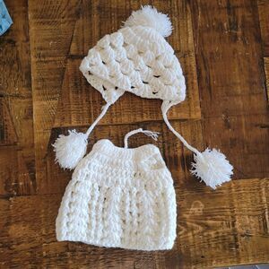Cream knit baby doll vintage dress & pom pom beanie handmade 70s
